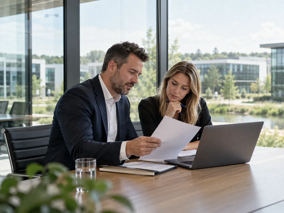 Two professionals reviewing a printed questionnaire and a laptop in a glass-walled meeting room overlooking a modern business park