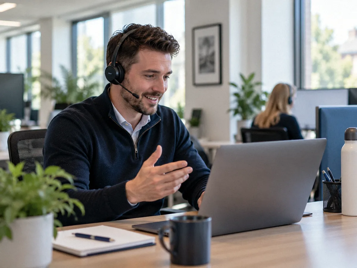 A friendly helpdesk engineer wearing a headset at a desk