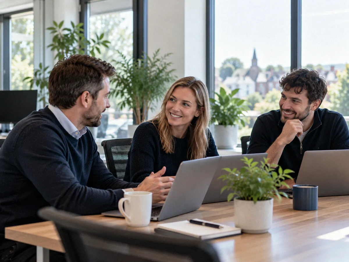 A small, friendly IT team of three talking around a desk with laptops in a modern office with large windows