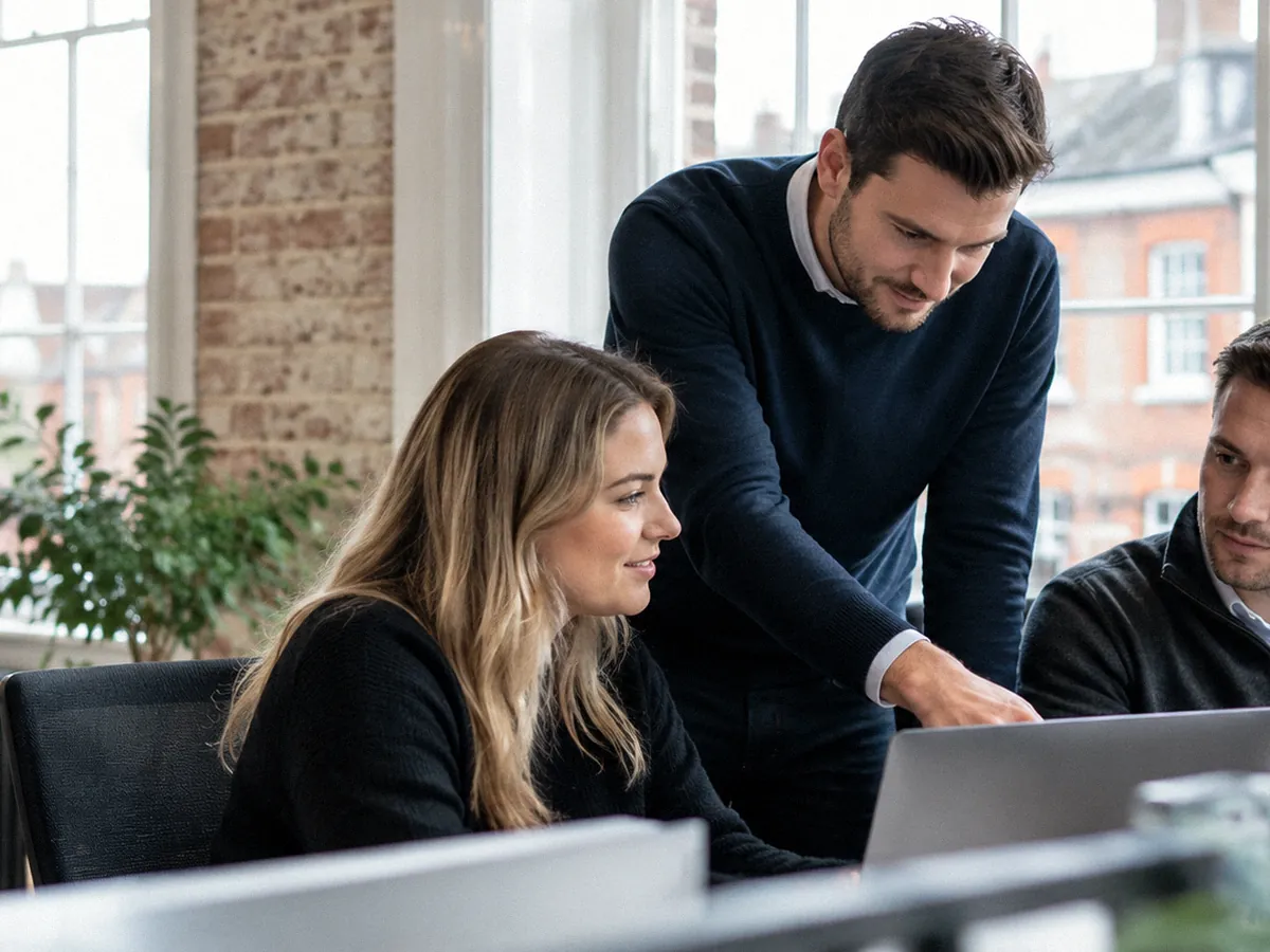 An IT support engineer in a navy jumper helping two office staff at their desks inside a converted Victorian town-centre office in an English town